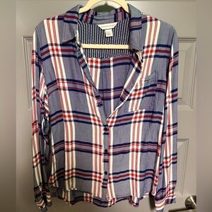 Christopher & Banks Navy and Red Plaid Button-Down Shirt